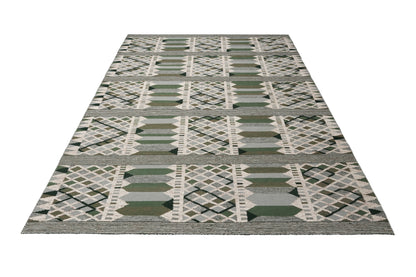 Swedish Rölakan-Style Handwoven Scandinavian Rug | Green, Grey & Ivory Geometric Wool Rug