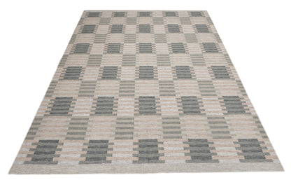 Handwoven Kilim Rug, Grey Beige Abstract Block Flatweave Rug, Modern Scandinavian Wool Area Rug