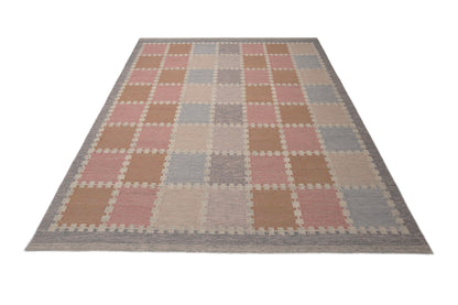 Handwoven Scandinavian Geometric Area Rug, Dusty Pink Taupe Grey Wool Carpet