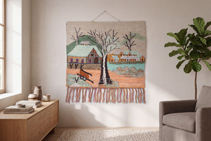 Handmade Woven Winter Village Tapestry, Cottage Landscape Art (36x40 Inch)