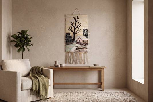Handmade Woven Winter Cottage Tapestry, Rustic Boho Wall Hanging (18x12 Inch)