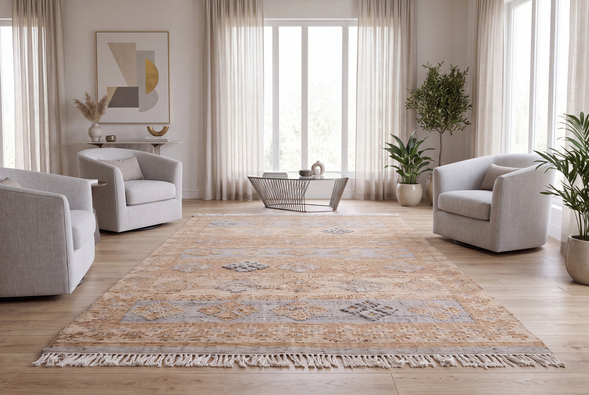 Handwoven Wool Jute Kilim Rug – Beige Vintage Distressed Durrie