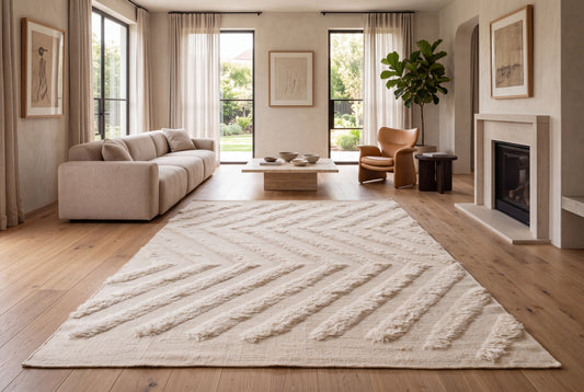Moroccan Ivory Rug – Handwoven Textured Chevron Pattern | Luxury Beni Ourain Style Area Rug