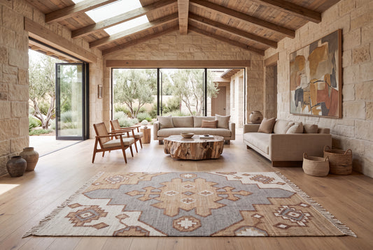 Handwoven Jute Kilim Rug – Beige & Grey Geometric Medallion Durrie
