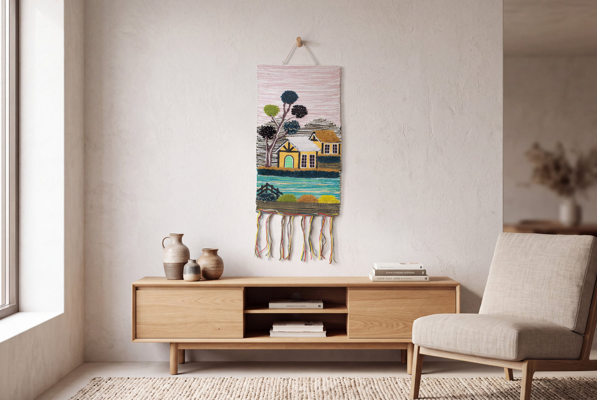 Handwoven Village House Tapestry, 18x12 Inch, Boho Cottage Landscape Wall Hanging