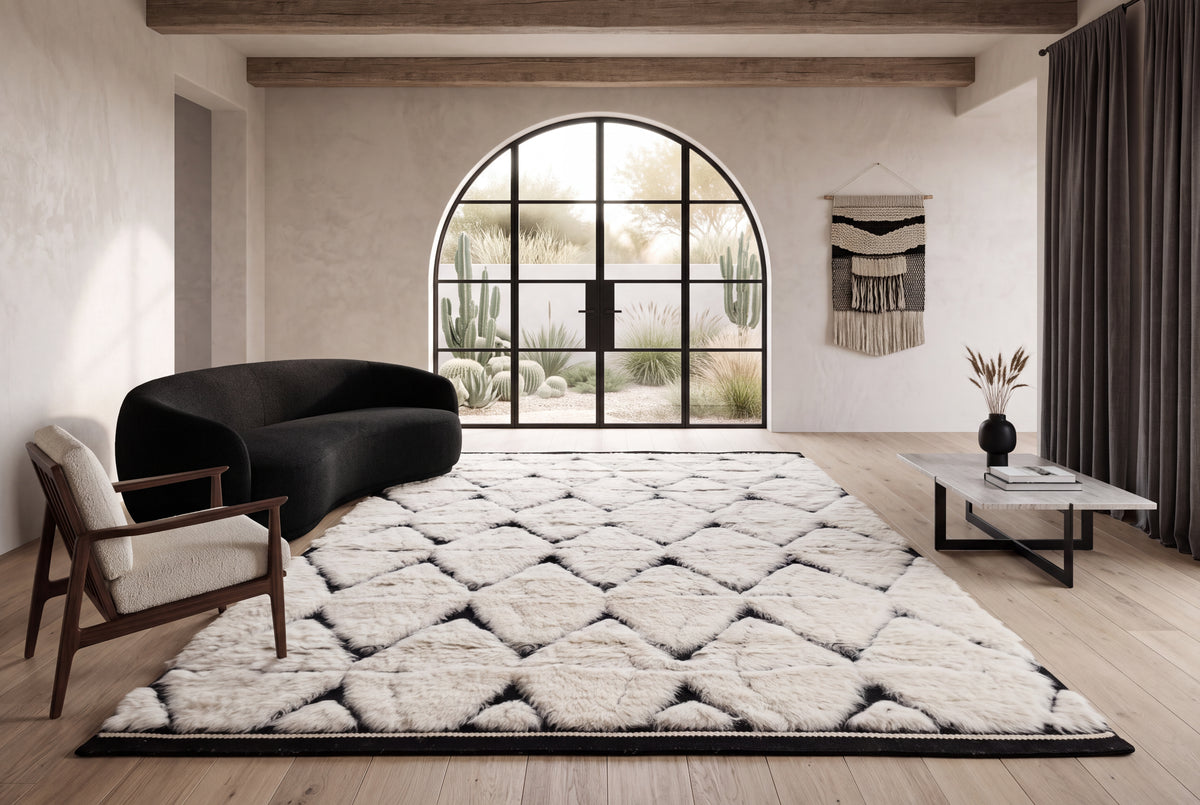Moroccan Ivory Rug – Handwoven Diamond Pattern | Black & Cream Beni Ourain Style Area Rug
