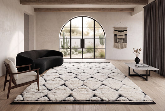 Moroccan Ivory Rug – Handwoven Diamond Pattern | Black & Cream Beni Ourain Style Area Rug