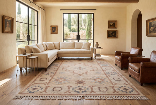Handwoven Jute Kilim Rug – Beige Vintage Geometric Medallion Durrie