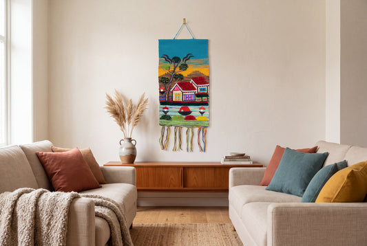 Handwoven Village Landscape Tapestry, 18x12 Inch, Colorful Boho Wall Hanging