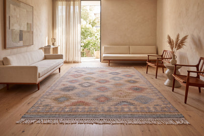 Handwoven Natural Jute Kilim Area Rug in Sand Beige & Soft Blue, Vintage Moroccan Inspired Carpet for Living Room, Bedroom & Home
