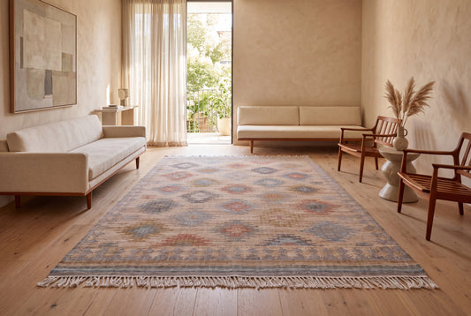 Handwoven Natural Jute Kilim Area Rug in Sand Beige & Soft Blue, Vintage Moroccan Inspired Carpet for Living Room, Bedroom & Home