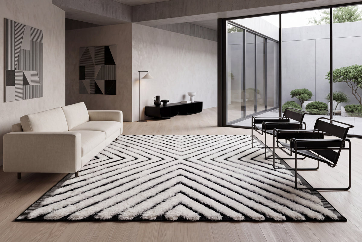 Moroccan Chevron Rug – 100% New Zealand Wool | Ivory & Black Handwoven Beni Ourain Style Area Rug