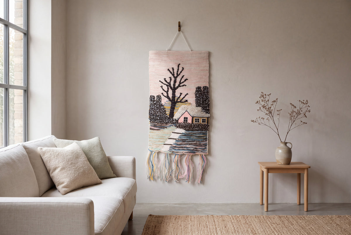 Handwoven Winter Village Tapestry, 18x12 Inch, Rustic Cottage Wall Hanging