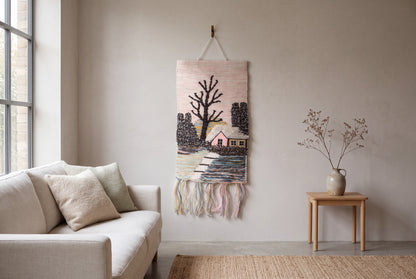Handwoven Winter Village Tapestry, 18x12 Inch, Rustic Cottage Wall Hanging