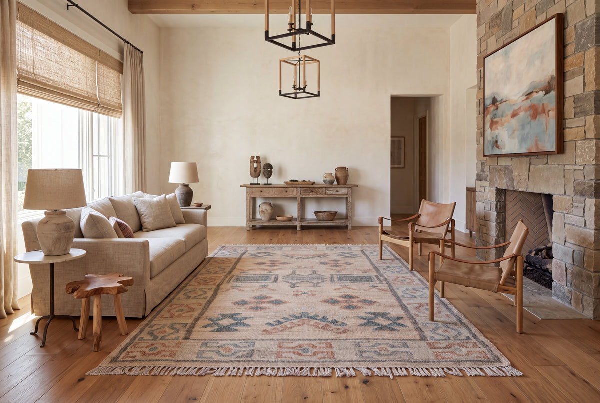 Handwoven Jute Kilim Rug, Vintage Geometric Area Rug, Beige Blue Bohemian Carpet, Natural Jute Cotton Flatweave Rug