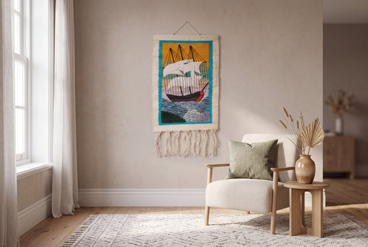 Handwoven Sailboat Tapestry, 30x20 Inch, Nautical Coastal Wall Hanging
