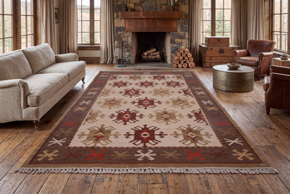 Handwoven Wool Kilim Rug, Tribal Geometric Area Rug, Multicolor Bohemian Carpet, Traditional Flatweave Wool Rug, Rustic Home Decor