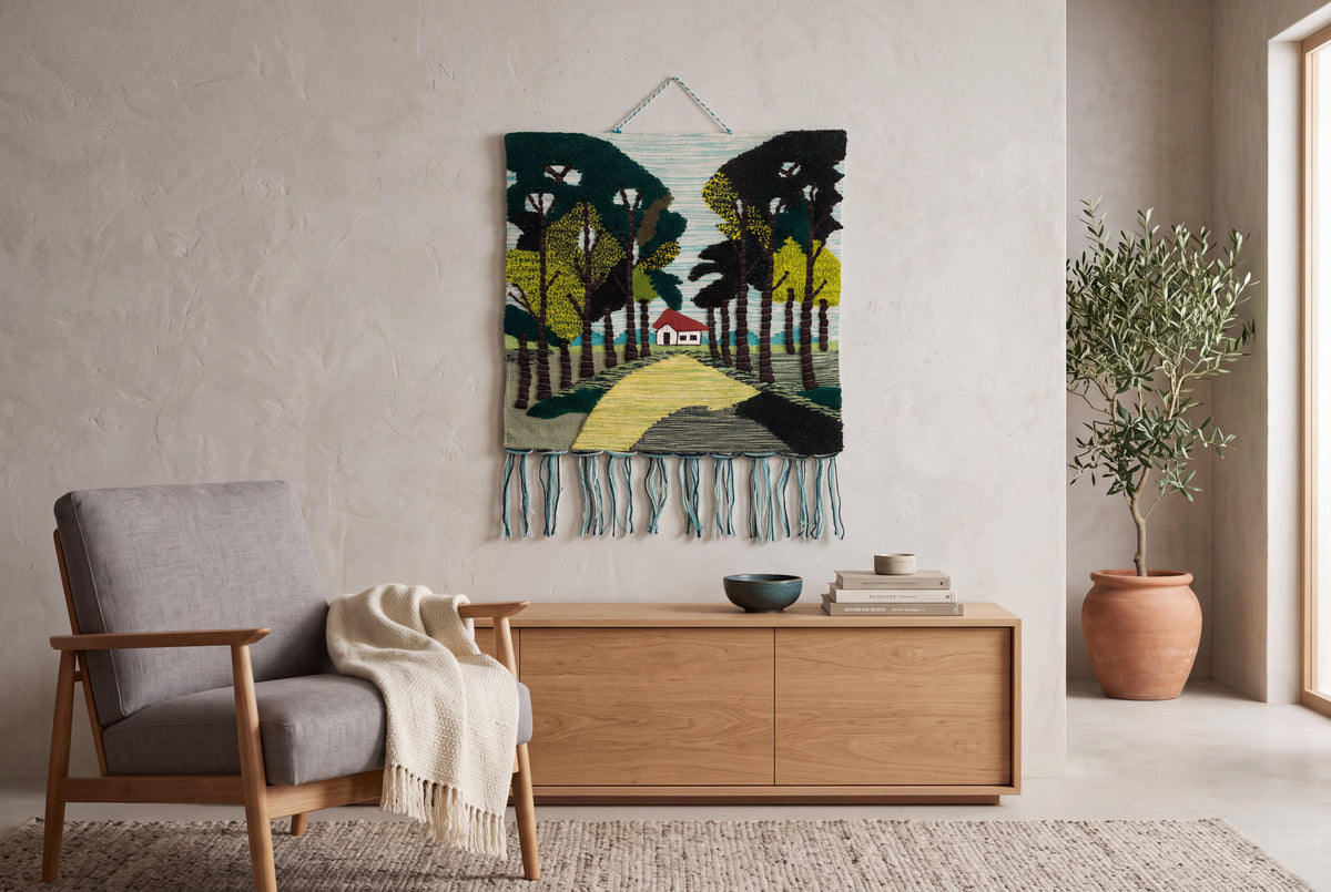 Handwoven Forest Landscape Tapestry, Cottage Pathway, Rustic Boho Wall Hanging (28x30 Inch)