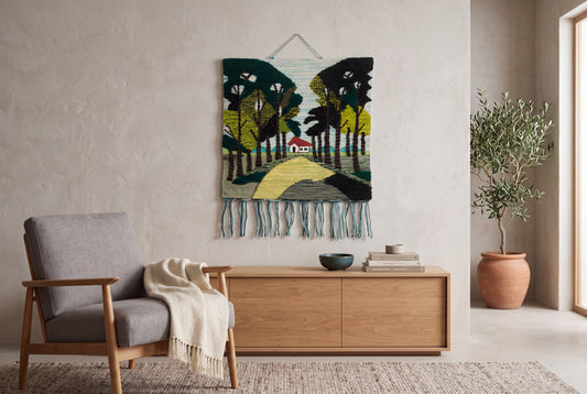 Handwoven Forest Landscape Tapestry, Cottage Pathway, Rustic Boho Wall Hanging (28x30 Inch)