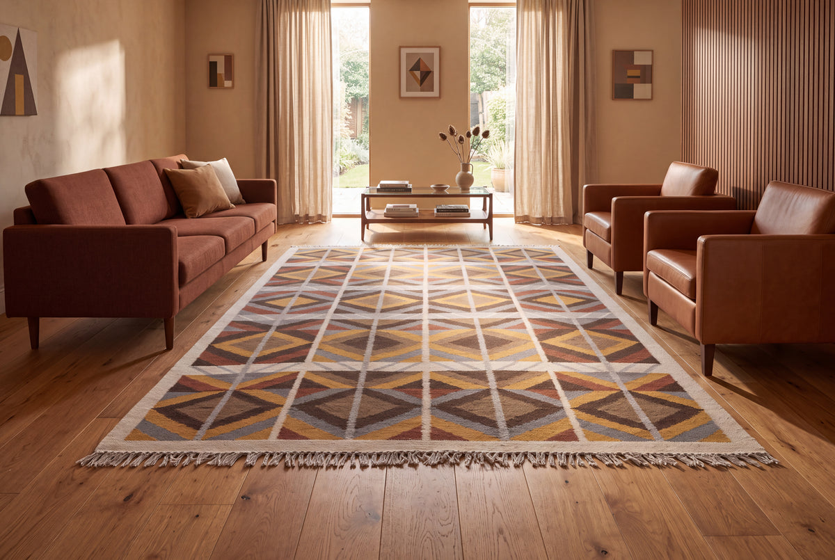Handwoven Wool Kilim Durrie Rug, Geometric Scandinavian Area Rug, Multicolor Flatweave Carpet, Boho Home Décor