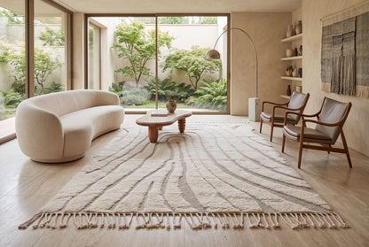Moroccan Ivory Wool Rug – 100% New Zealand Wool | Handwoven Abstract Line Pattern Rug