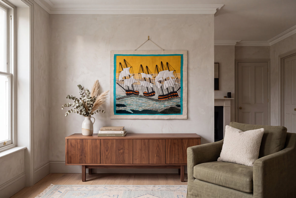Handwoven Sailboat Tapestry, 36x40 Inch, Nautical Coastal Wall Art
