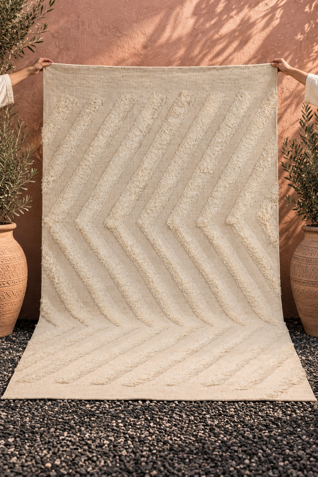 Moroccan Ivory Rug – Handwoven Textured Chevron Pattern | Luxury Beni Ourain Style Area Rug