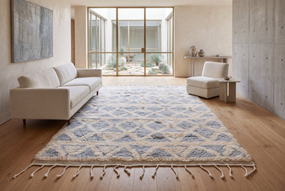 Hand Knotted Moroccan Wool Rug – Cream and Blue Geometric Shag Area Rug