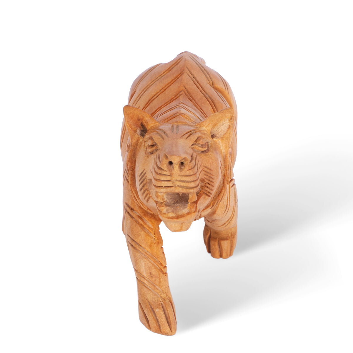 Hand Carved Wooden Tiger Sculpture – Traditional Indian Animal Figurine, Rustic Home Decor