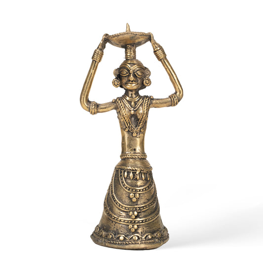 Dhokra Tribal Lady Brass Candle Holder | Handcrafted Indian Tribal Decor