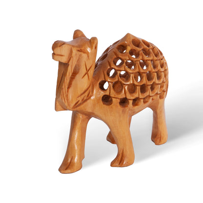 Hand Carved Wooden Camel Sculpture – Intricate Openwork Carved Camel Figurine, Handmade Indian Wood Decor