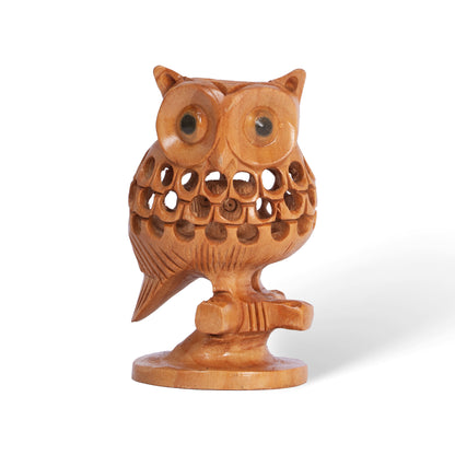 Hand Carved Wooden Mother Owl with Baby – Intricate Owl Family Sculpture, Handmade Indian Wood Decor