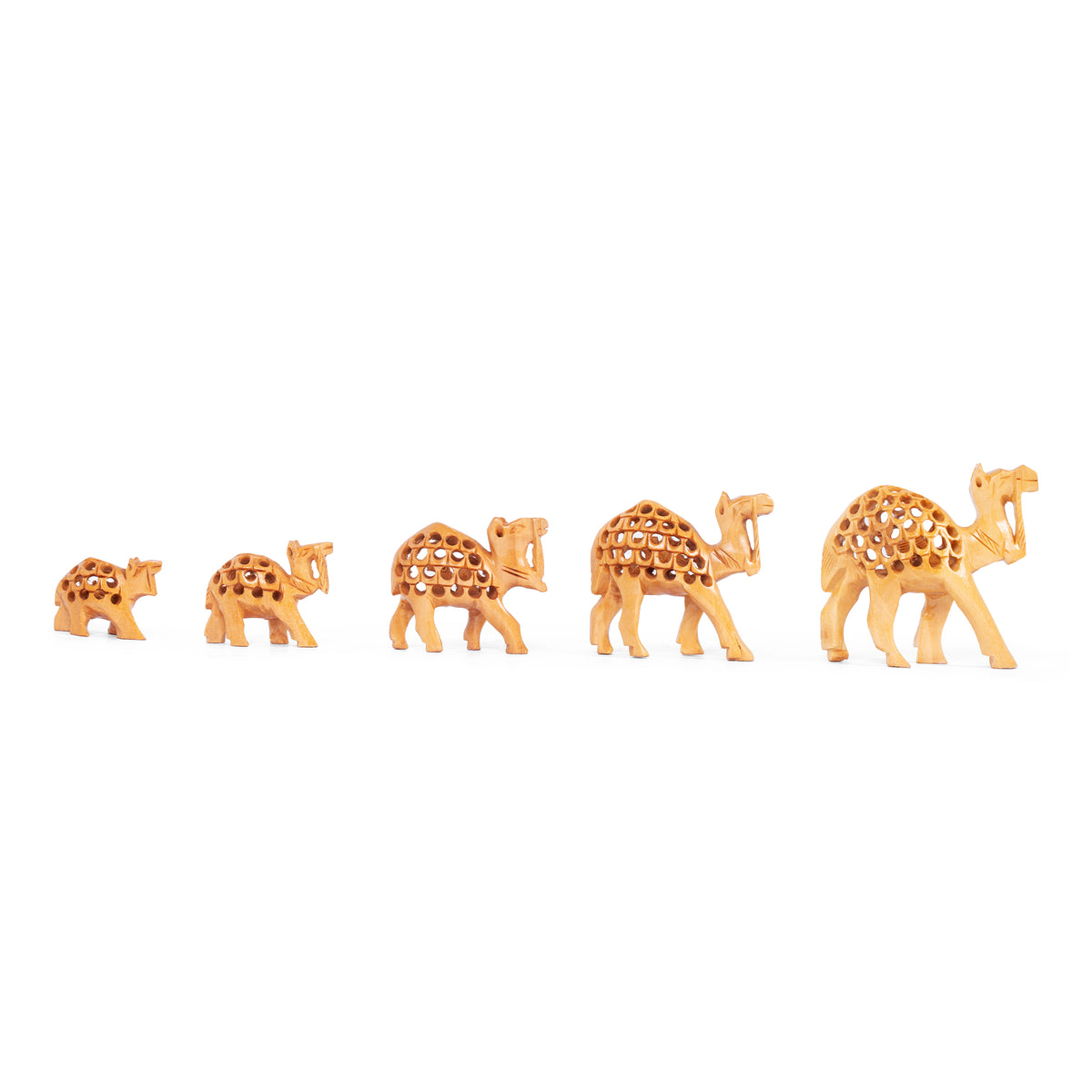 Hand Carved Wooden Camel Family Set – Traditional Indian Camel Figurines Set of 5 for Home Décor
