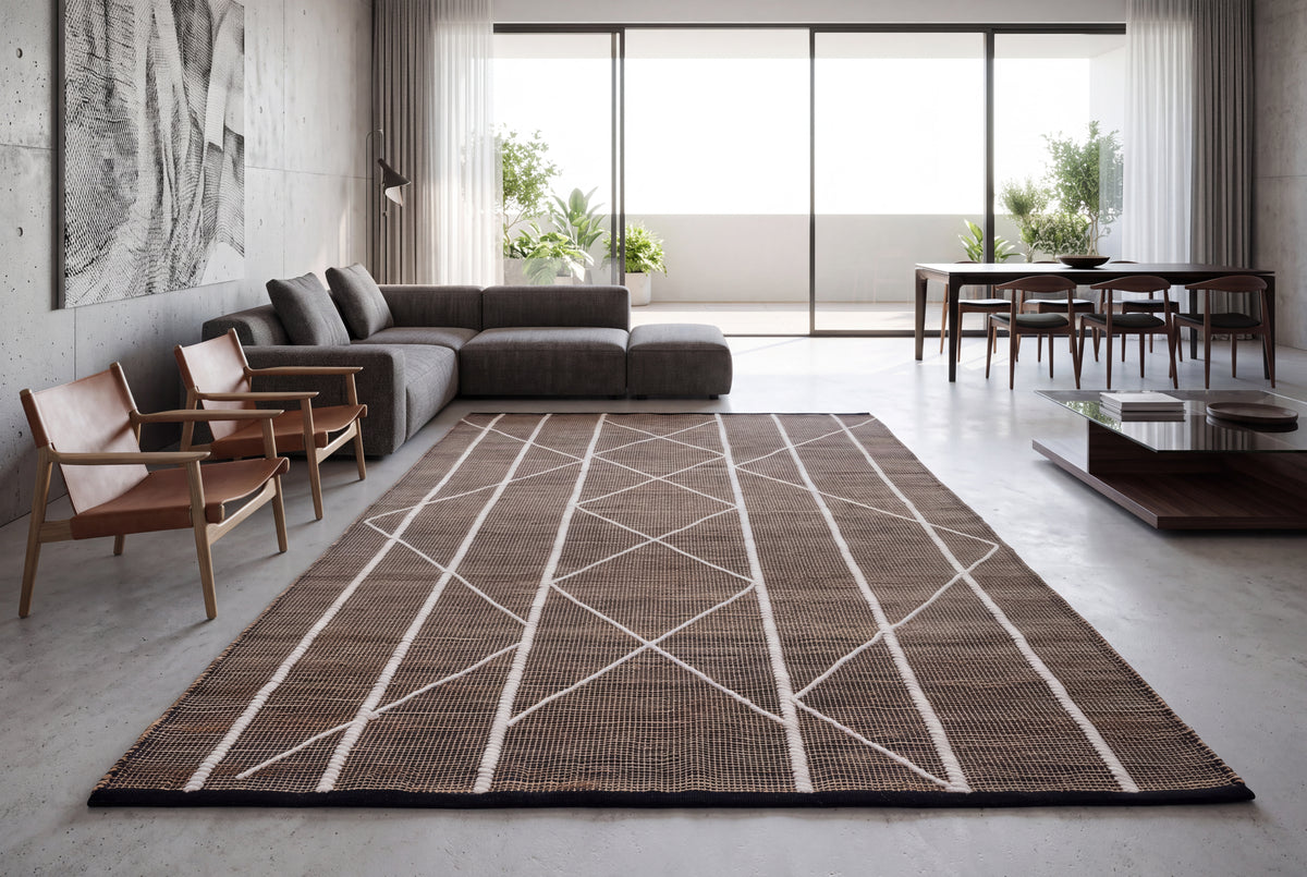 Handwoven Wool & Jute Diamond Pattern Rug | Natural Textured Contemporary Floor Rug