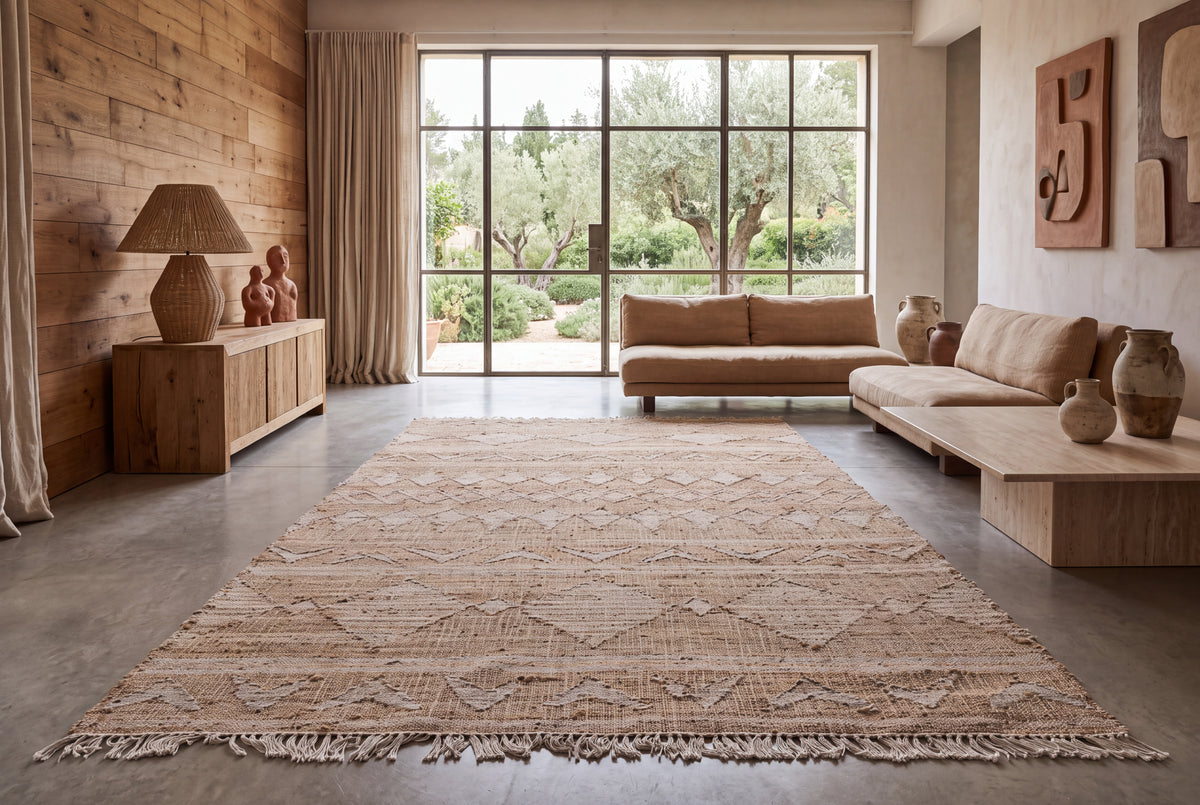 Handwoven Jute Durrie Rug – Natural Beige Geometric Flatweave Area Rug, 1500 GSM