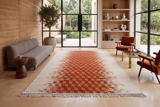 Rustic Handwoven Wool Kilim Durrie | Abstract Geometric Terracotta & Cream Rug
