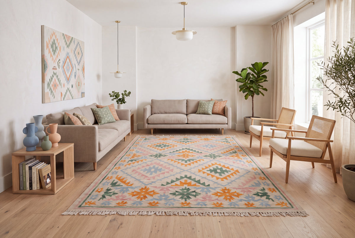Handwoven Wool Kilim Durrie Rug – Pastel Geometric Tribal Area Rug with Fringe