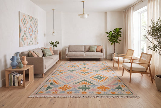 Handwoven Wool Kilim Durrie Rug – Pastel Geometric Tribal Area Rug with Fringe