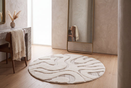 Hand Tufted Round Abstract Rug – Cream & Beige Organic Wave Pattern Wool Rug for Living Room, Bedroom & Modern Home Décor | 3 × 3 Feet