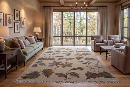 Handwoven Wool Kilim Rug – Botanical Leaf Pattern Beige Area Rug with Fringed Edges