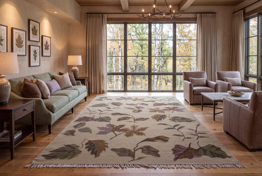 Handwoven Wool Kilim Rug – Botanical Leaf Pattern Beige Area Rug with Fringed Edges