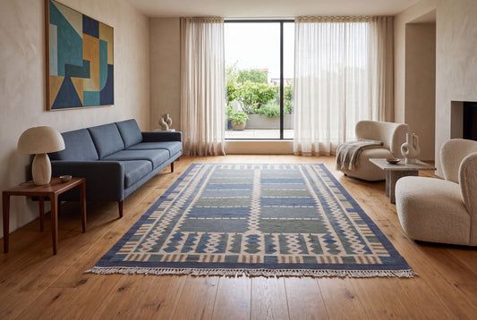 Handwoven Wool Kilim Durrie Rug – Blue Grey Geometric Tribal Area Rug with Fringe