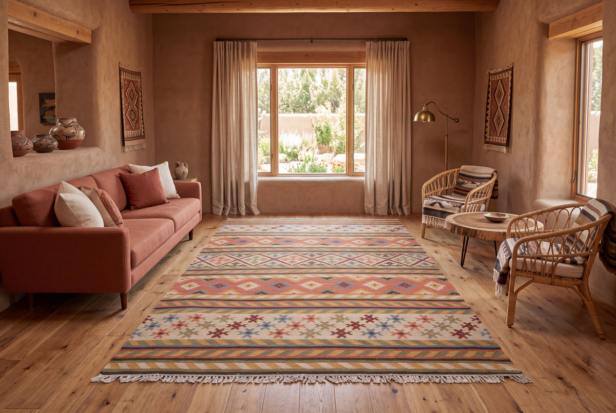 Handwoven Wool Kilim Durrie Rug, Multicolor Geometric Tribal Area Rug, Traditional Indian Flatweave Carpet