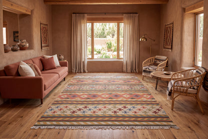 Handwoven Wool Kilim Durrie Rug, Multicolor Geometric Tribal Area Rug, Traditional Indian Flatweave Carpet