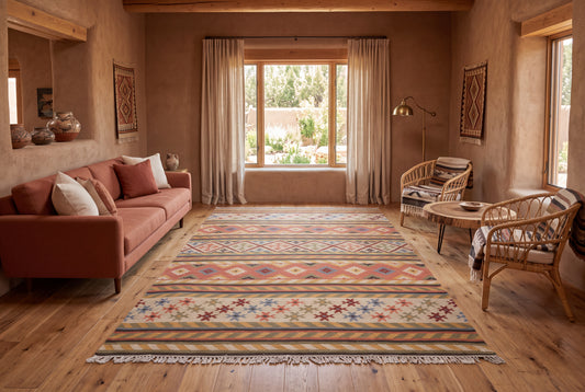 Handwoven Wool Kilim Durrie Rug, Multicolor Geometric Tribal Area Rug, Traditional Indian Flatweave Carpet