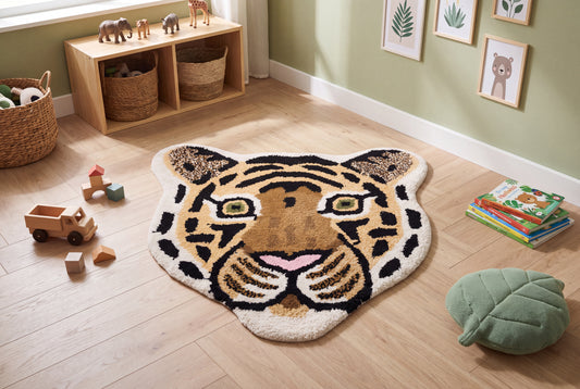 Hand Tufted Tiger Shaped Wool Rug – Animal Kids Room Accent Rug | 1.6 × 1.6 Feet