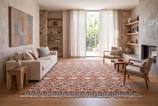 Handwoven Wool Kilim Durrie Rug, Multicolor Geometric Tribal Area Rug, Traditional Indian Flatweave Carpet
