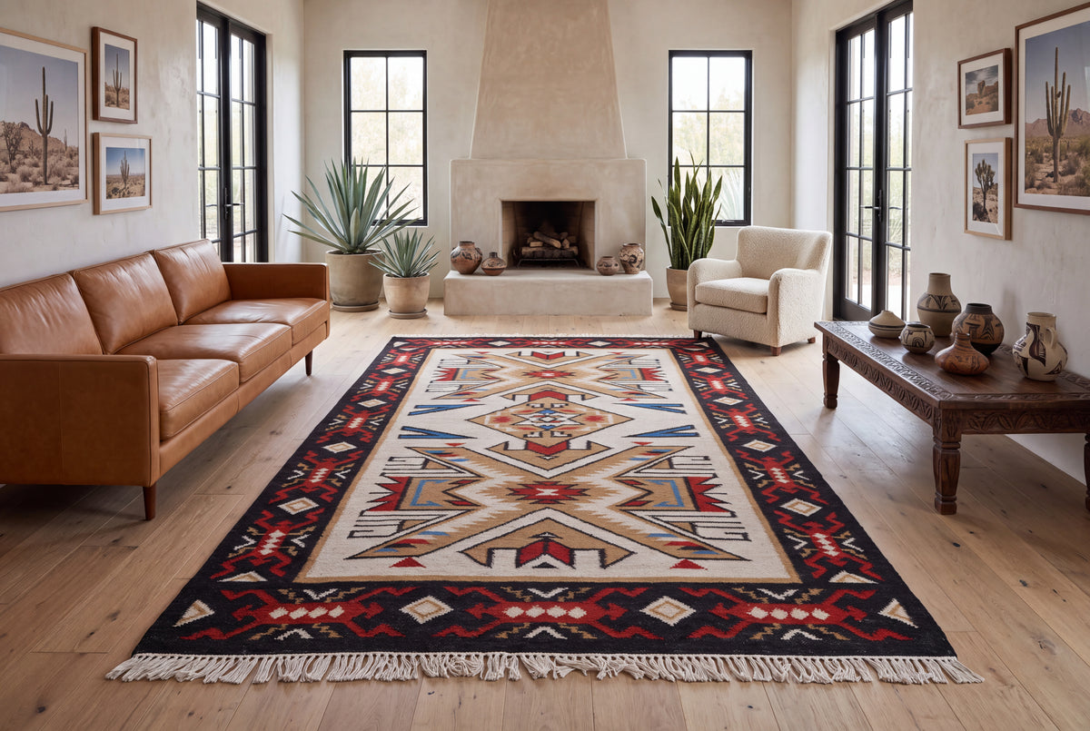 Handwoven Wool Kilim Durrie Rug, Tribal Geometric Area Rug, Multicolor Southwestern Flatweave Carpet