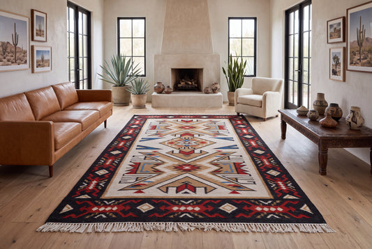 Handwoven Wool Kilim Durrie Rug, Tribal Geometric Area Rug, Multicolor Southwestern Flatweave Carpet