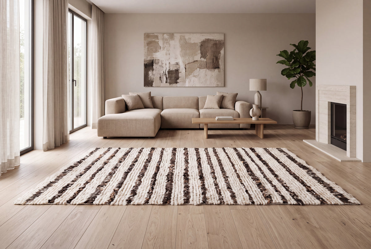 Moroccan Brown & Ivory Wool Rug – 100% New Zealand Wool | Handwoven Striped Textured Area Rug